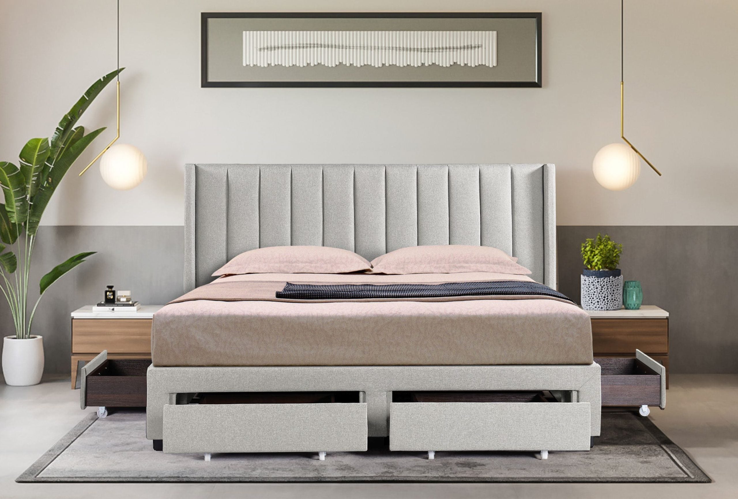 Ashley - Upholstered Platform Bed with 4 Storage Drawers