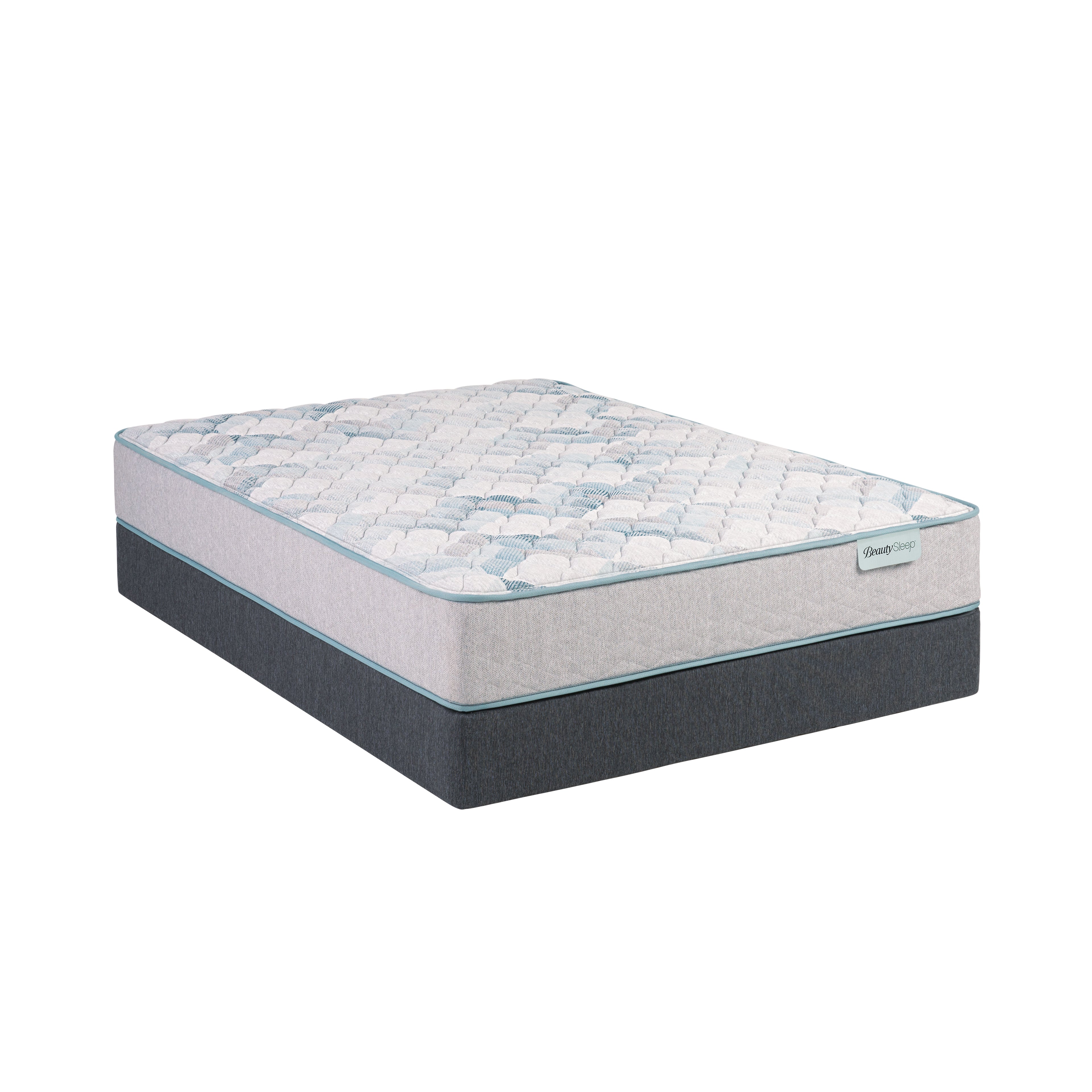Beautysleep by beautyrest Dr. Hard mattress Extra firm side view sitting on top of grey foundation
