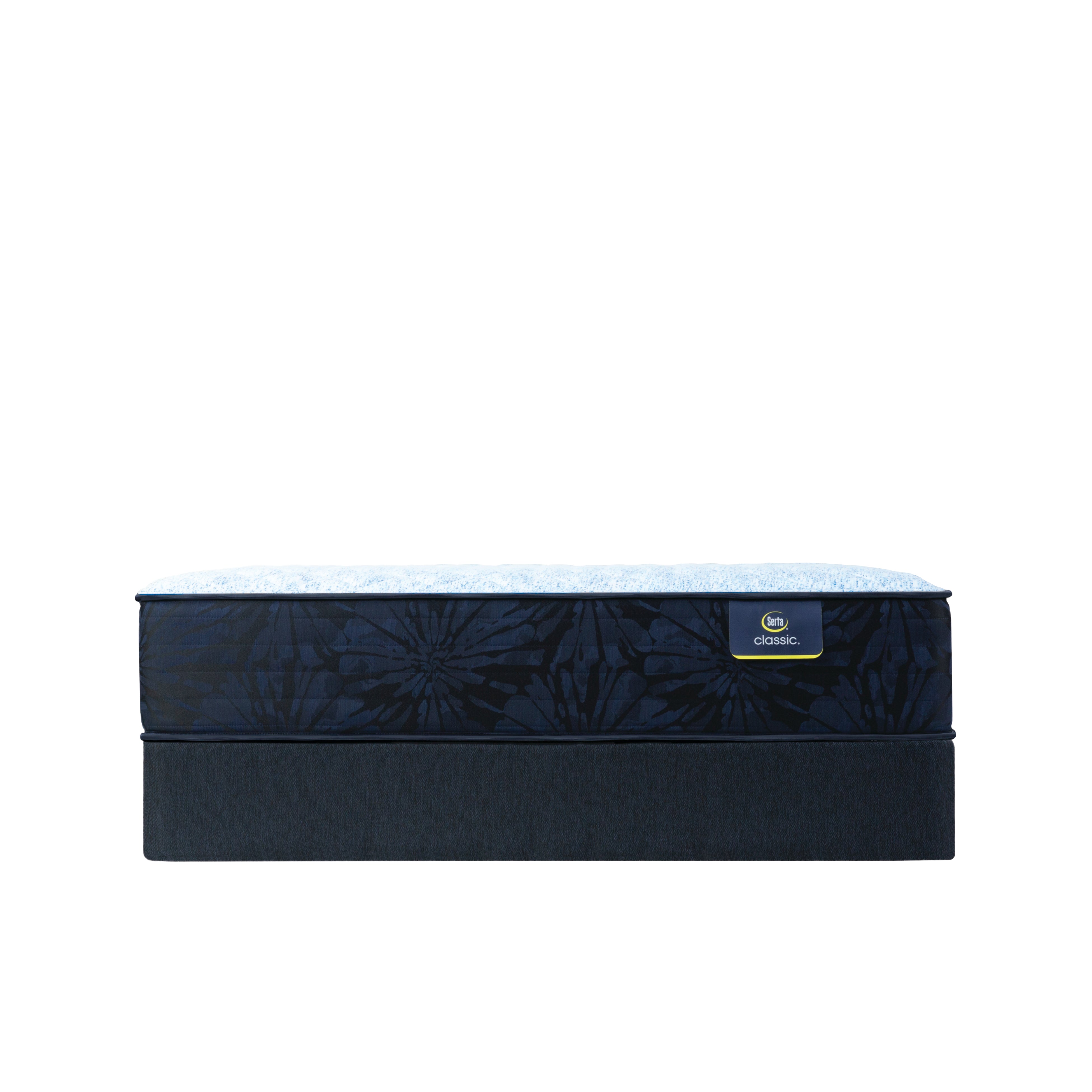 Serta Octave firm tight top mattress front view of mattress with Serta logo sitting on dark grey foundation