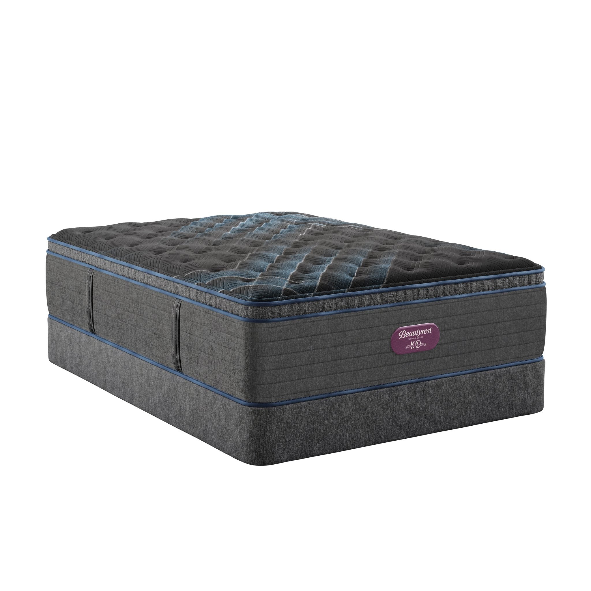 Beautyrest World Class Lusso Pillow Top Medium mattress Side Angle on top of foundation