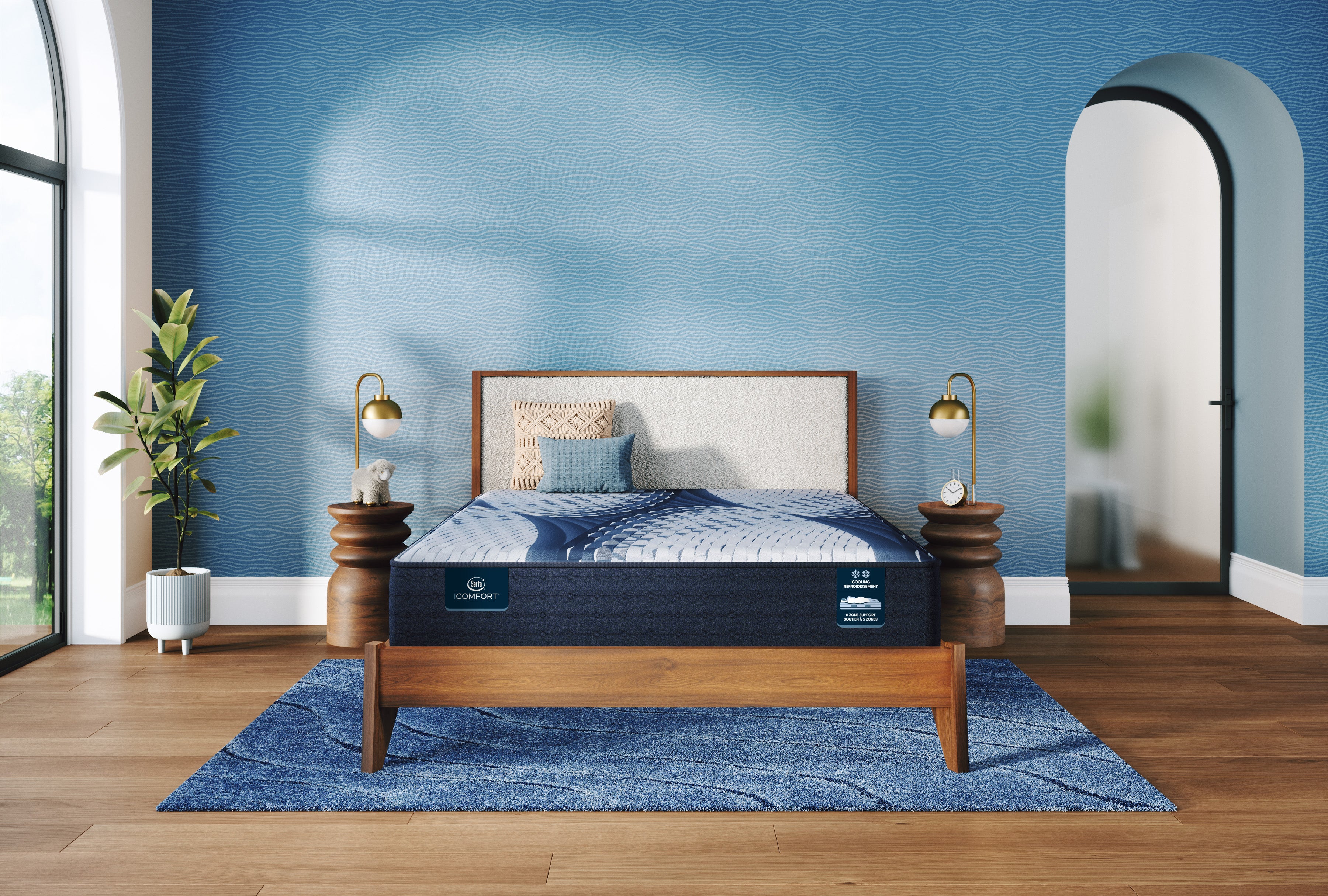Serta iComfort Nappa mattress sitting on wooden bed frame with cooling top fabric in modern bedroom