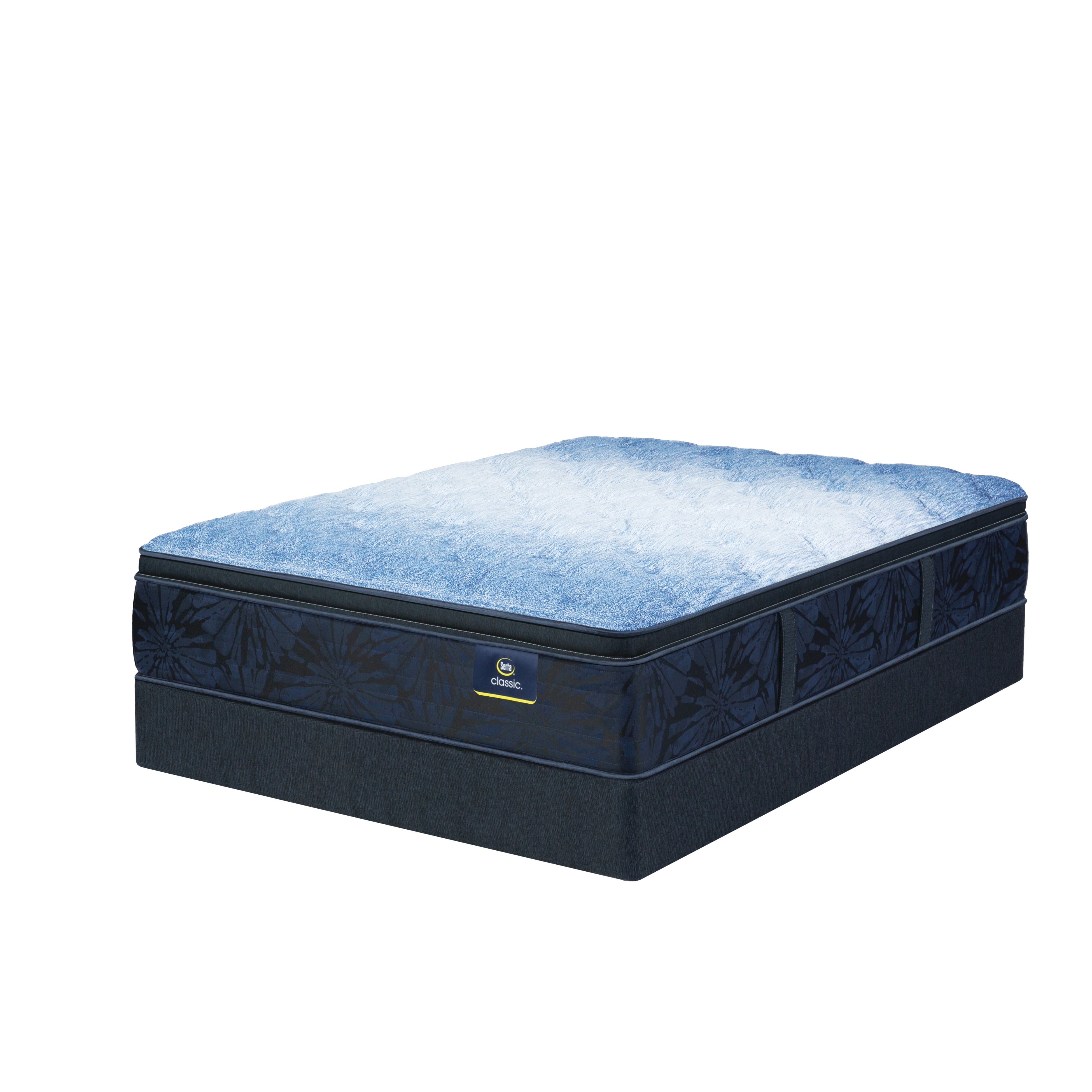 Blue mattress with a brand logo on a white background