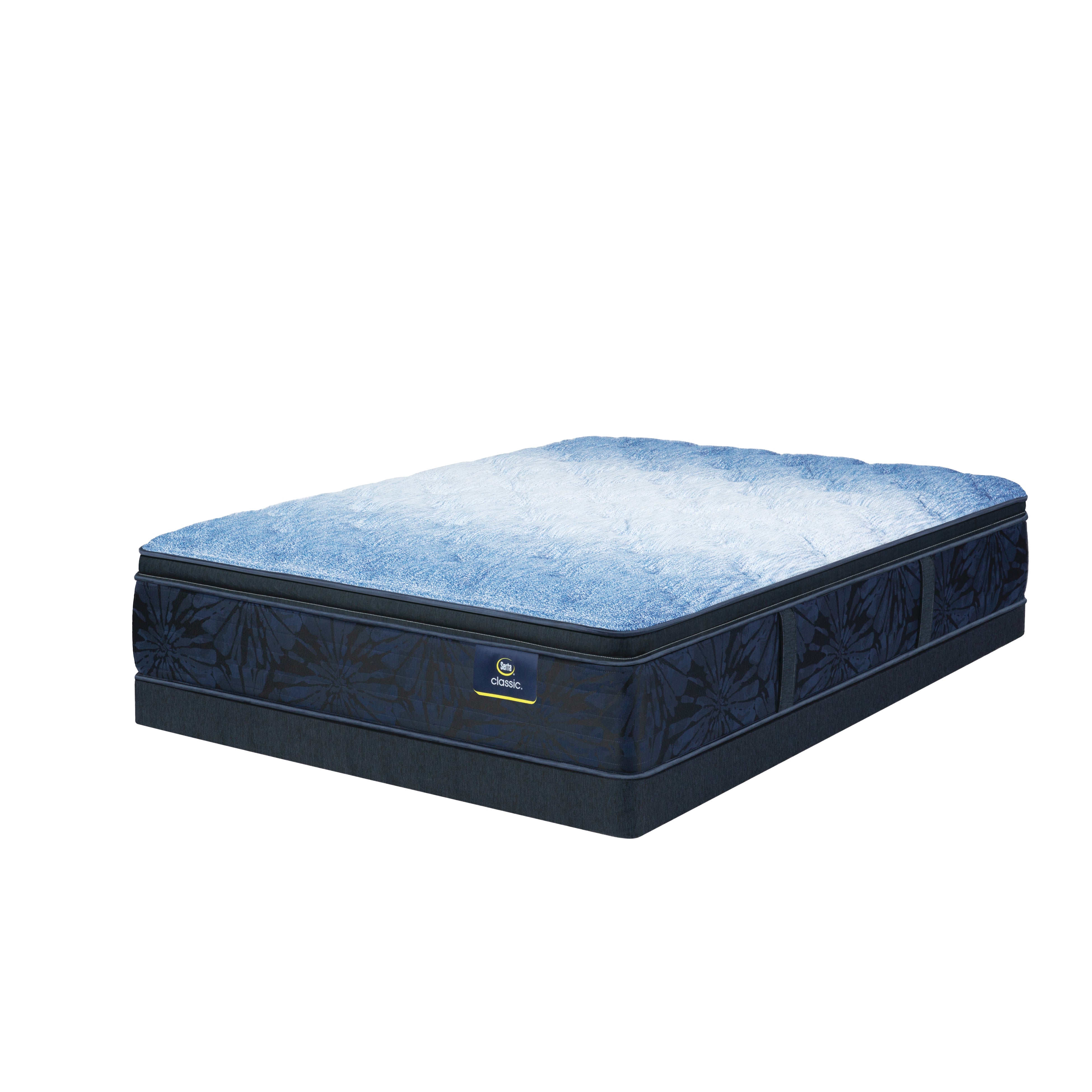Blue mattress with a brand logo on a white background